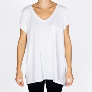 Large plain white v-neck t-shirt with pocket